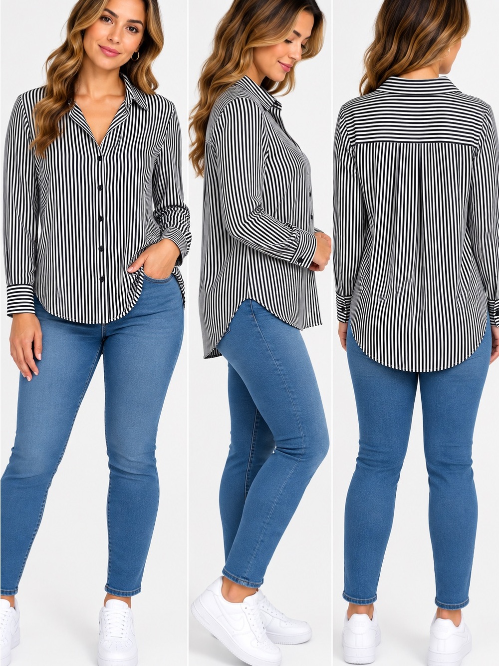Investments Women’s Small Black & White Striped Button Down Blouse